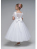 Beaded Short Sleeves White Lace Glitter Tulle Flower Girl Dress